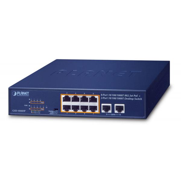PLANET GSD-1008HP switch di rete Non gestito Gigabit Ethernet [10/100/1000] Supporto Power over Ethernet [PoE] 1U Blu (8-Port 10/100/1000T 802.3at - PoE + 2-Port 10/100/1000T - Desktop Switch [120W P