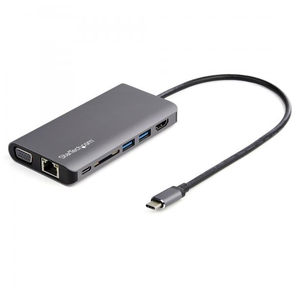StarTech.com Adattatore multiporta USB C - Mini dock da viaggio USB-C con HDMI 4K o VGA 1080p - Hub USB 3.0 3x, SD, GbE, audio, pass-through PD da 100 W - Docking station portatile per laptop / table