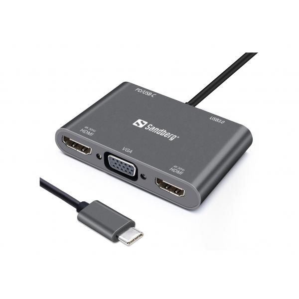 Sandberg USB-C Dock 2xHDMI+1xVGA+USB+PD (USB-C Dock 2xHDMI+1xVGA+USB+PD - USB-C Dock - 2xHDMI+1xVGA+USB+PD, Wired, USB 3.2 Gen 1 [3.1 Gen 1] Type-C, Grey, 4K Ultra - Warranty: 60M)