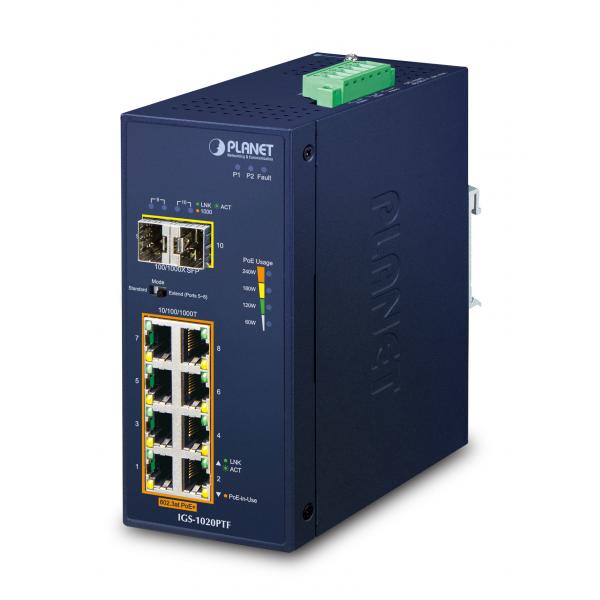 PLANET IP30 Ind 8-P 10/100/1000T Non gestito Gigabit Ethernet [10/100/1000] Supporto Power over Ethernet [PoE] Blu (IP30 Ind 8-P 10/100/1000T - 802.3at PoE + 2-Port 100/1000X - SFP Ethernet Switch -