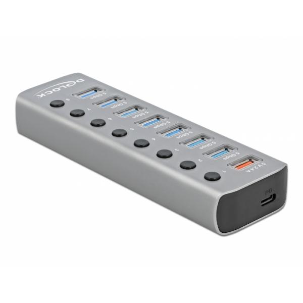 DeLOCK Hub USB 5 Gbps con 7 porte + 1 porta di ricarica rapida + 1 porta USB-C PD 3.0 con interruttore e illuminazione (Delock - hub - 7 porte)
