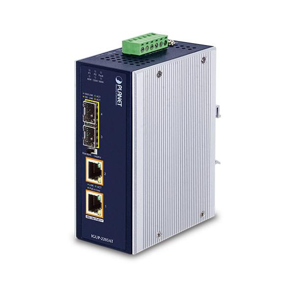 PLANET IGUP-2205AT convertitore multimediale di rete 1000 Mbit/s Modalità multipla, Modalità singola Blu (Industrial 2-Port 100/1000X - SFP to 2-Port 10/100/1000T - 802.3bt PoE++ Media Converter [802