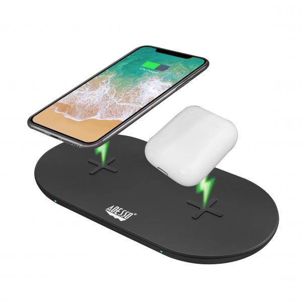 Adesso AUH-1040 Caricabatterie per dispositivi mobili Auricolare, Smartphone, Orologio intelligente Nero USB Carica wireless Ricarica rapida Interno (15W MAX DUAL WIRELESS 2 COILS - QI-CERTIFIED F.CH