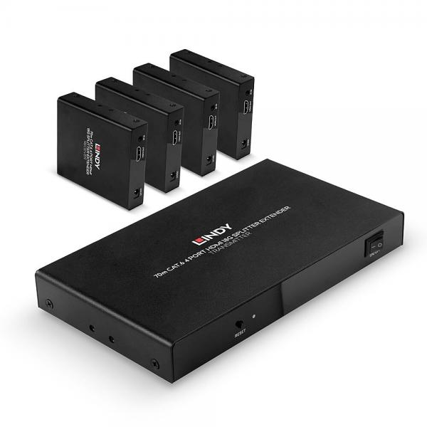 Lindy 38262 moltiplicatore AV Trasmettitore e ricevitore AV Nero (70M 4 Port Cat.6 Hdmi 4K60 - Splitter Extender - Warranty: 24M)