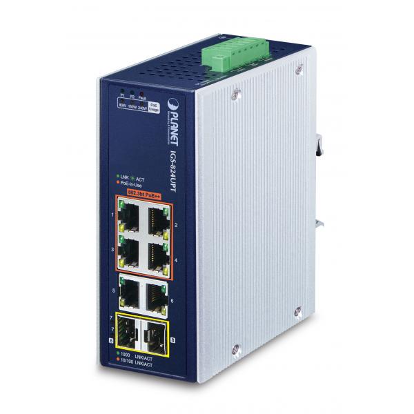 PLANET IP30 Industrial 4-Port Non gestito Gigabit Ethernet [10/100/1000] Supporto Power over Ethernet [PoE] Blu, Bianco (IP30 Industrial 4-Port - 10/100/1000T 95W 802.3bt PoE - + 2-Port 10/100/1000T