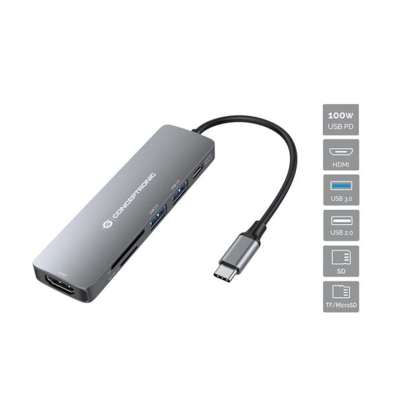 Conceptronic DONN11G USB 3.2 Gen 1 [3.1 Gen 1] Type-C Grigio (Donn 6-In-1 Multifunctional - Usb Hub Adapter, Hdmi, Usb-C - Pd, 1 X Usb 3.0, 1 X Usb 2.0, Sd/Tf Card Readers - Warranty: 12M)