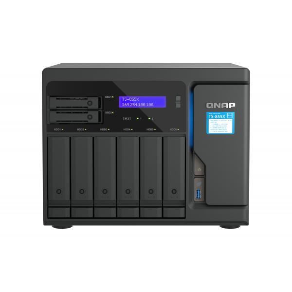 QNAP TS-855X SAN Tower Intel Atom® C5125 8 GB DDR4 0 TB QNAP QTS Nero (8-Bay NAS Intel Atom C5125 8-core/8-thread 2.8GHz processor 8 GB UDIMM DDR4 non-ECC [1 x 8GB] 4x UDIMM DDR4 slots with ECC suppo
