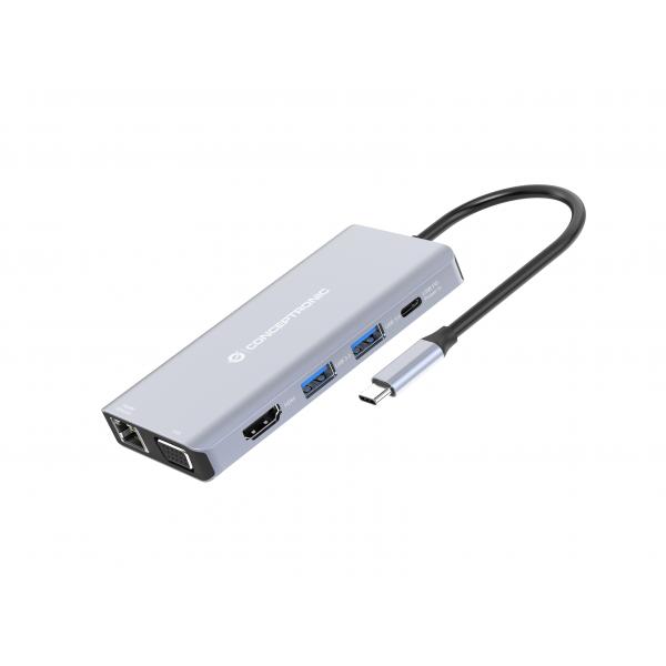 Conceptronic DONN20G replicatore di porte e docking station per laptop Cablato USB 3.2 Gen 1 [3.1 Gen 1] Type-C Grigio (Conceptronic DONN20G 10-in-1 USB 3.2 Gen 1 Docking Station; HDMI; VGA; USB-A 3.