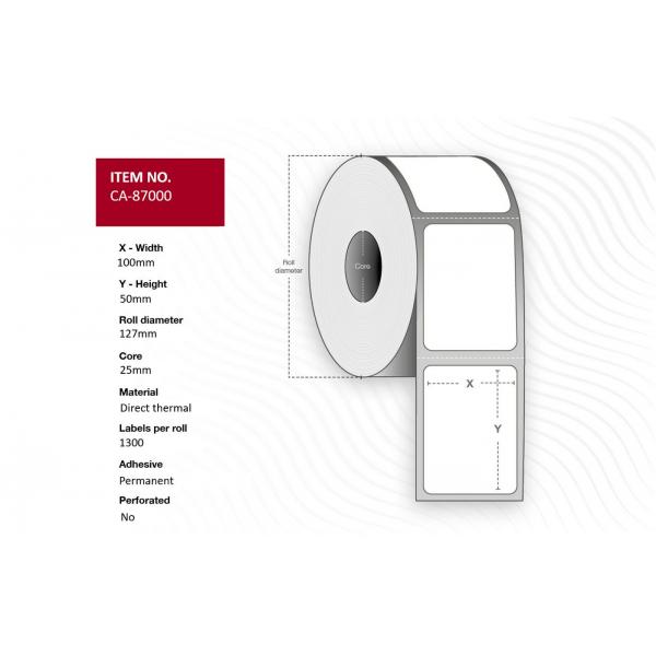 Capture CA-87000 etichetta per stampante Bianco (Label 100 x 50mm Core 25mm, - Direct Thermal, Coated, - Permanent, No perforation, 1300 labels per roll, 4 rolls per box. - Warranty: 12M)