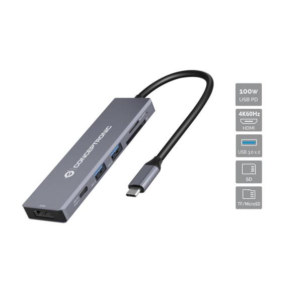 Conceptronic DONN23G replicatore di porte e docking station per laptop Cablato USB 3.2 Gen 1 [3.1 Gen 1] Type-C Grigio (Conceptronic DONN23G 6-in-1 USB 3.2 Gen 1 Docking Station; USB 3.0 x 2; 100W US