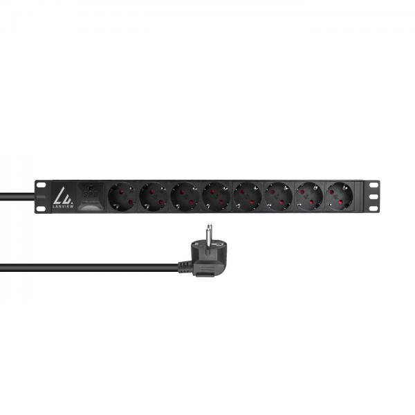 Lanview LVR-3MSCH-SPD-SCH8 unità di distribuzione dell'energia [PDU] 8 presa[e] AC 1U Nero (19 rack mount power strip, - 3m, 16A with 8 x Schuko F - outlets, With Surge Protection - Warranty: 60M)