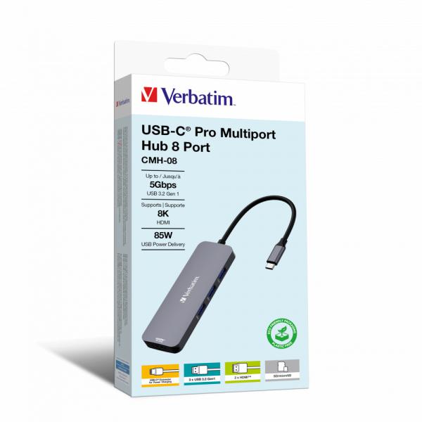 Verbatim CMH-08 USB tipo-C 5000 Mbit/s Argento (Verbatim USB-C Pro Multiport Hub 8 Port CMH-08 32151)