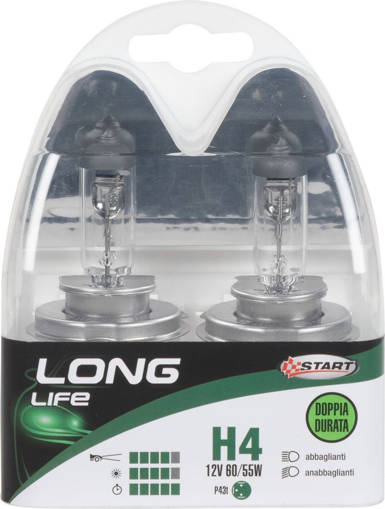 H4 Long Life Coppia di lampadine per luci auto 12V 60/55W P43t