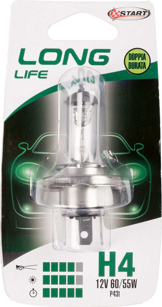 H4 Long Life Lampadina Singola per luci auto 12V 60/55W P43t