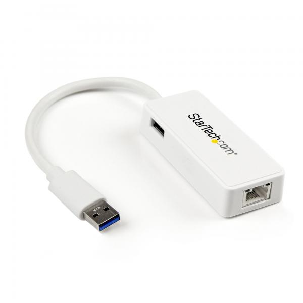 StarTech.com Adattatore USB 3.0 a Ethernet Gigabit [RJ45] - Scheda di rete NIC esterna con porta USB integrata - Bianco (USB TO ETHERNET ADAPTER 3.0 - GIGABIT RJ45 LAN NETWORK DONGLE)