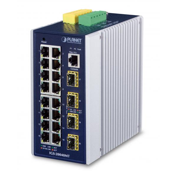 PLANET IGS-20040MT switch di rete Gestito L2+ Gigabit Ethernet [10/100/1000] Blu, Bianco (IP30 Industrial 16* 10/100/100 - 4 100/1000F SFP Full Managed - Ethernet Switch [-40 to 75 degree C, 2*DI, 2*