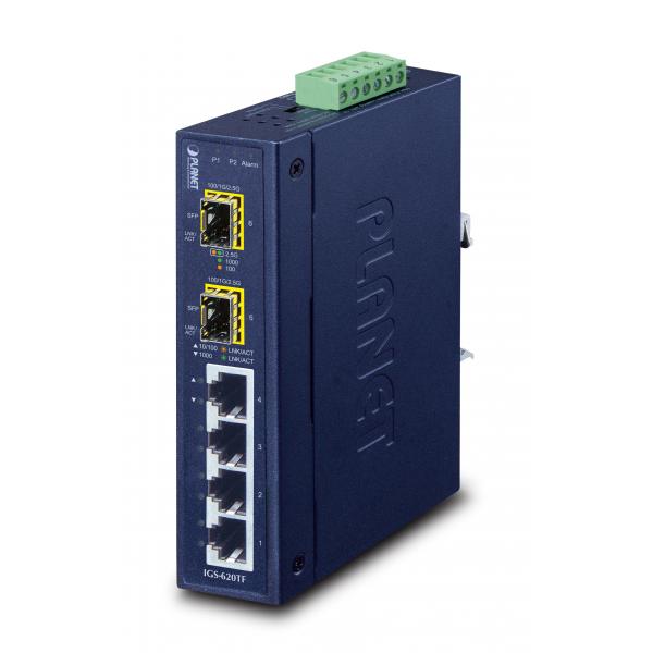 PLANET IGS-620TF switch di rete Non gestito Gigabit Ethernet [10/100/1000] Blu (IP30 Industrial 4-P 10/100/100 - + 2-P 100/1000X SFP Gigabit - Switch [-40 to 75 degree C] - Warranty: 60M)