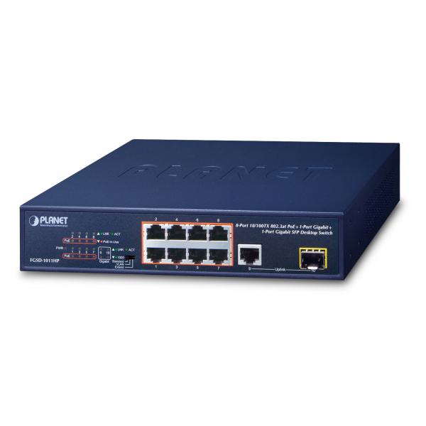 PLANET FGSD-1011HP switch di rete Non gestito Gigabit Ethernet [10/100/1000] Supporto Power over Ethernet [PoE] 1U Blu (8-Port 10/100TX 802.3at PoE - + 1-P 10/100/1000T + 1-P - 100/1000X SFP Desktop