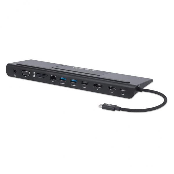 Manhattan 153478 replicatore di porte e docking station per laptop Cablato USB 3.2 Gen 1 [3.1 Gen 1] Type-C Nero (USB-C DOCK/HUB/READER 9-PORT- - AUD/DP/HDMI/RJ45/USB-C/USB-A/VGA)