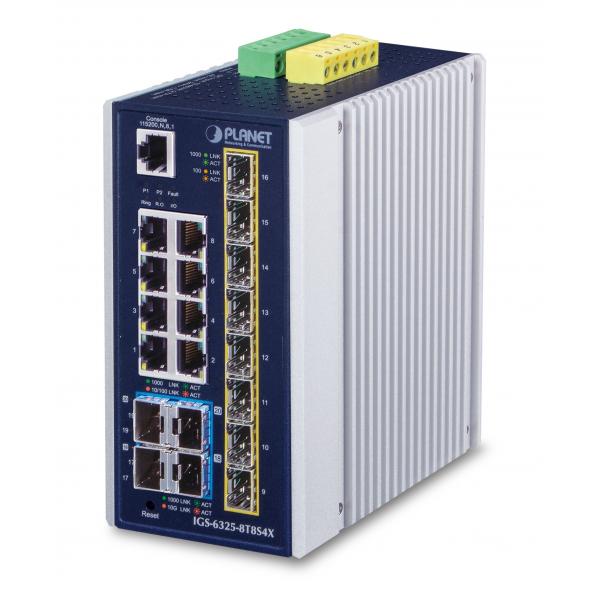 PLANET IP30 Industrial L3 8-Port Gestito Gigabit Ethernet [10/100/1000] Blu, Bianco (IP30 Industrial L3 8-Port - 10/100/1000T +8-port 100/1000X - SFP + 4-Port 10G SFP+ Full Managed Switch - Warranty: