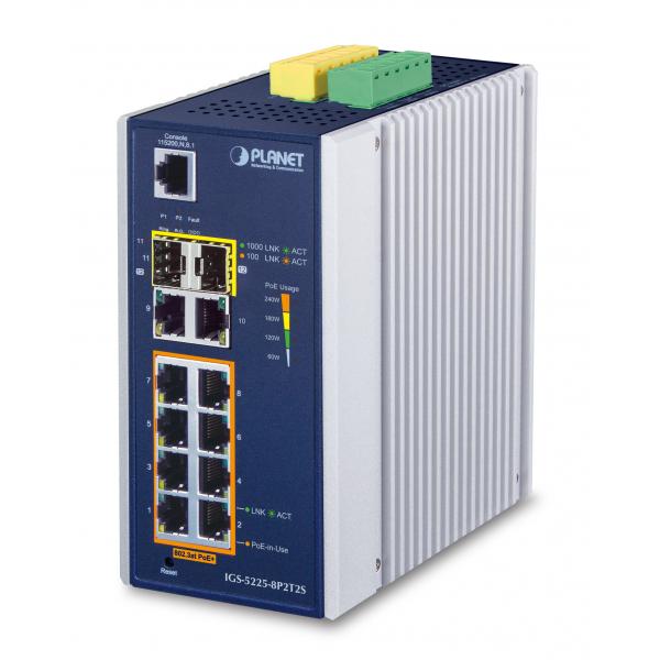 PLANET IGS-5225-8P2T2S switch di rete Gestito L2+ Gigabit Ethernet [10/100/1000] Supporto Power over Ethernet [PoE] Blu, Bianco (IP30 Industrial L2+/L4 8-Port - 1000T 802.3at PoE + 2-Port - 10/100/10