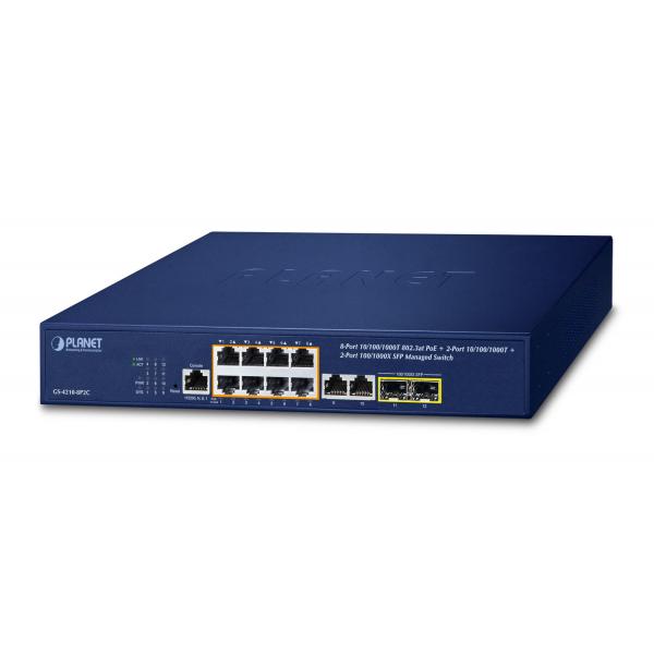 PLANET IPv4/IPv6, 8-Port Managed Gestito L2/L4 Gigabit Ethernet [10/100/1000] Supporto Power over Ethernet [PoE] 1U Blu (IPv4/IPv6, 8-Port Managed - 802.3at POE+ Gigabit Ethernet - Switch + 2-Port 10