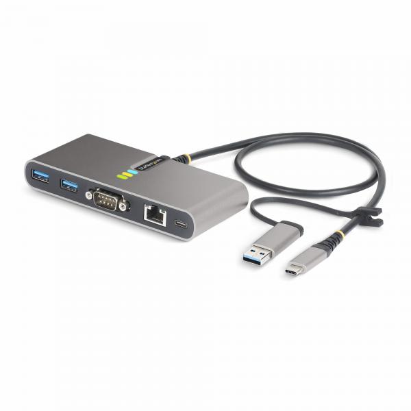 StarTech.com Hub USB-C a 2 porte con Ethernet e RS-232, dongle USB-C a USB-A collegato, 100W PD Pass-through, 2x USB-A 5Gbps, Gigabit Ethernet, RS232 seriale [FTDI] (USB-C TO 2-PORT USB 5GBPS TYPE -