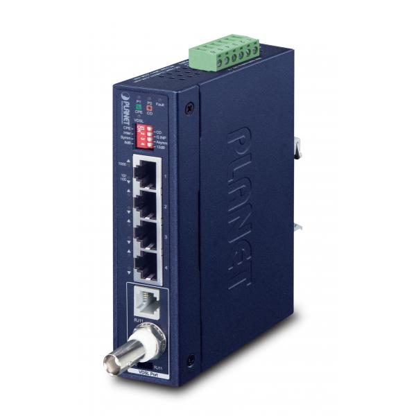 PLANET IP30 Industrial Gigabit Ethern Ricevitore e trasmettitore di rete Blu (IP30 Industrial Gigabit Ethern - Extender w/ G.vectoring, - 4-Port 10/100/1000T RJ45 [LAN], 1-Port BNC, 1-Port RJ11 [-40