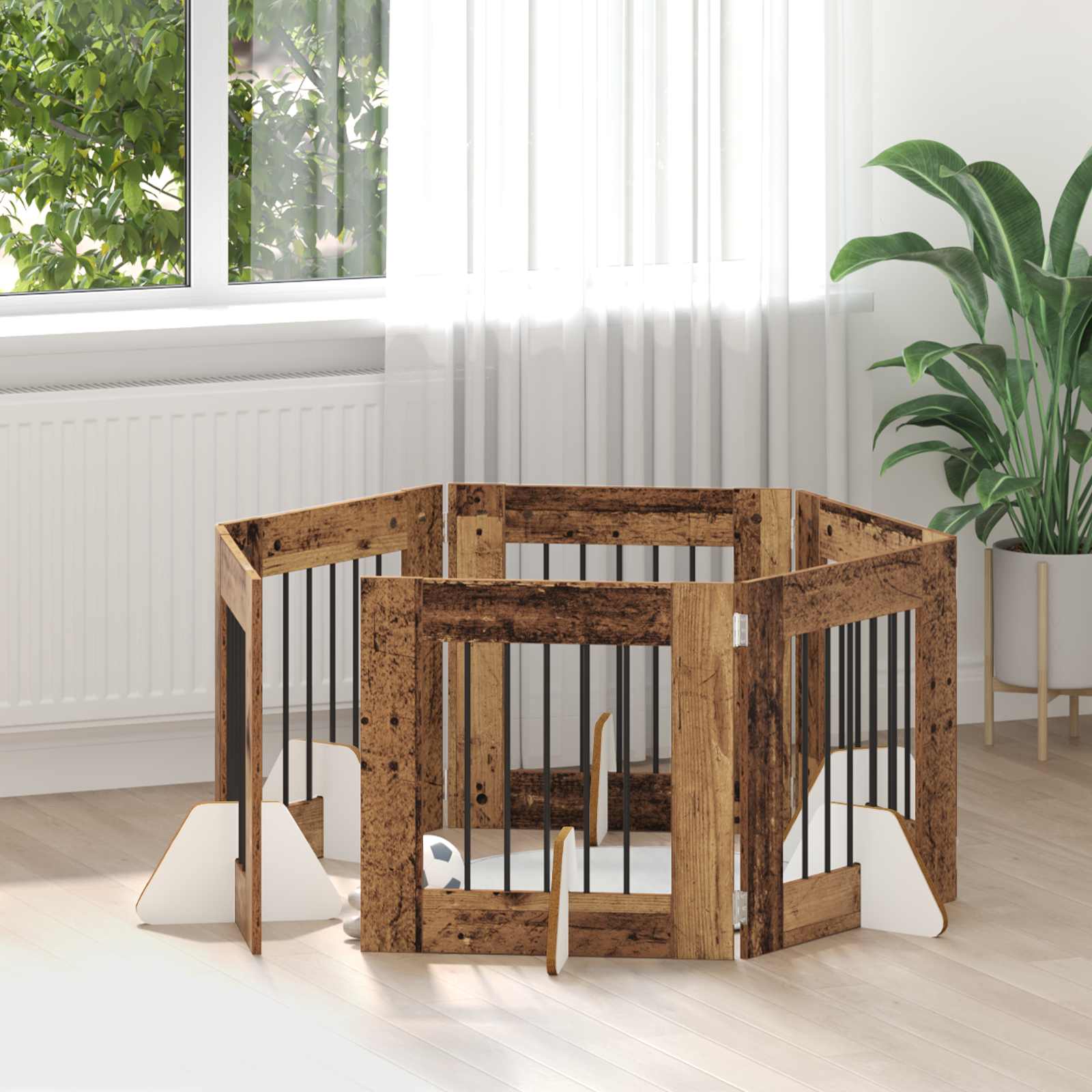 Cancello Per Cani Con Supporti 6 Pcs Legno Antico 60 X 60 cm