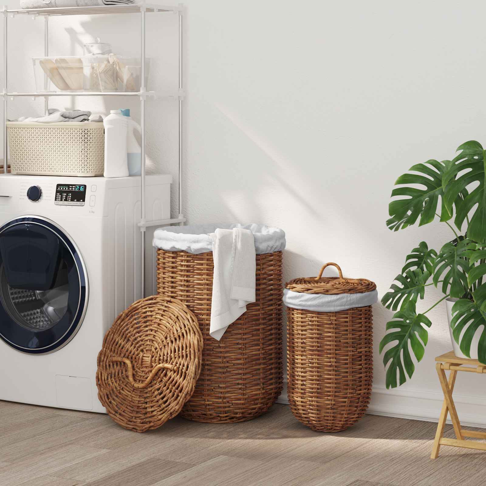 Cesto Per Lavanderia 2 Pcs Marrone Rattan Kubu