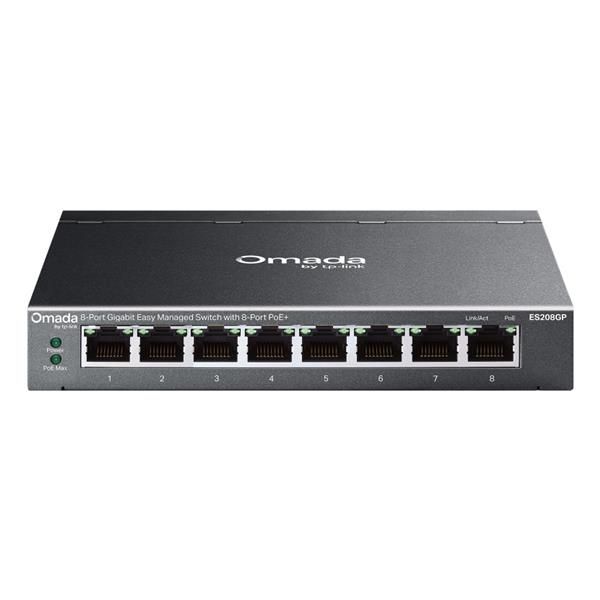 TP-Link Omada ES208GP switch di rete Gestito L2 Gigabit Ethernet [10/100/1000] Supporto Power over Ethernet [PoE] DIN rail Nero (8-PORT 1G EASY MANAGED SWITCH - 8X POE+ 64 W POE POWER FANLESS)