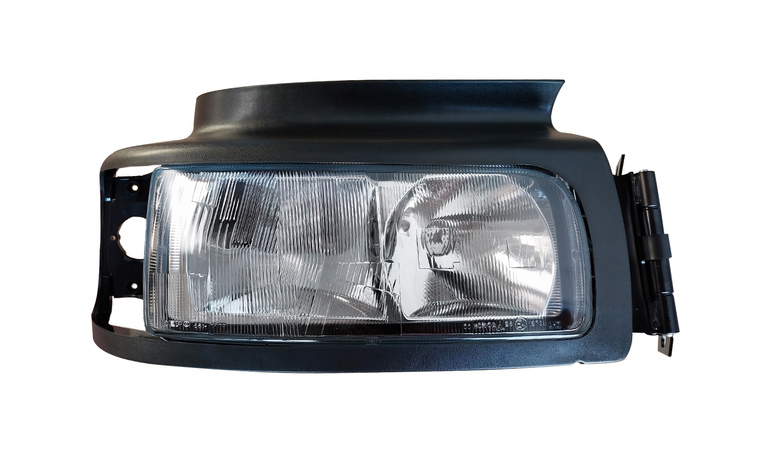PROIETTORE DESTRO ELETTRICO CON CORNICE ALOGENO 24V CON PORTALAMPADA SENZA LAMPADINA (H1 - H1 - W5W) CONNETTORE RETTANGOLARE POSTERIORE CENTRALE 4 PIN - SENZA MOTORINO - RENAULT - Premium - 501023167