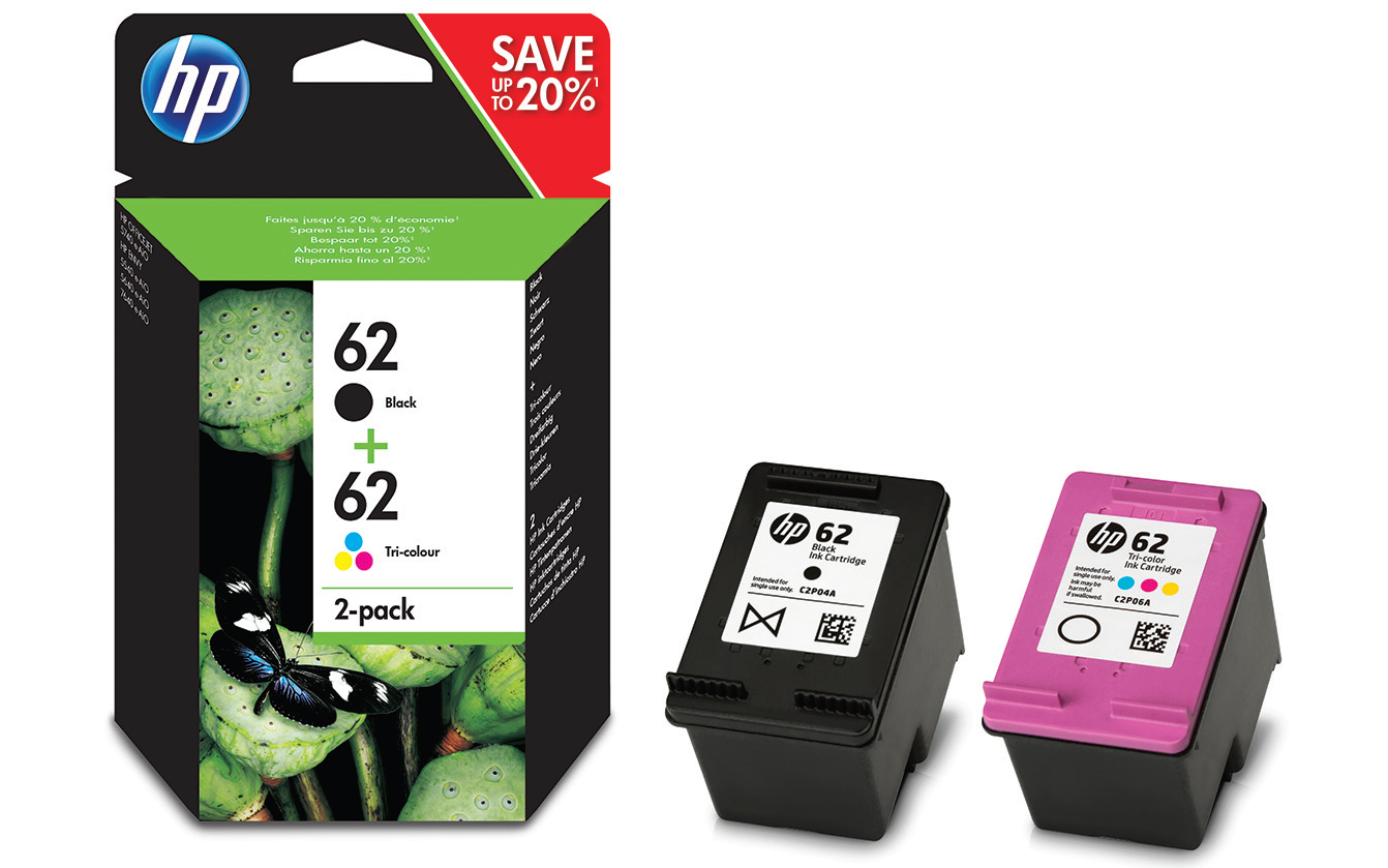 HP Confezione da 2 cartucce originali di inchiostro nero/tricromia 62 (HP 62 Twin Pack - 2 pakker - sort, far)