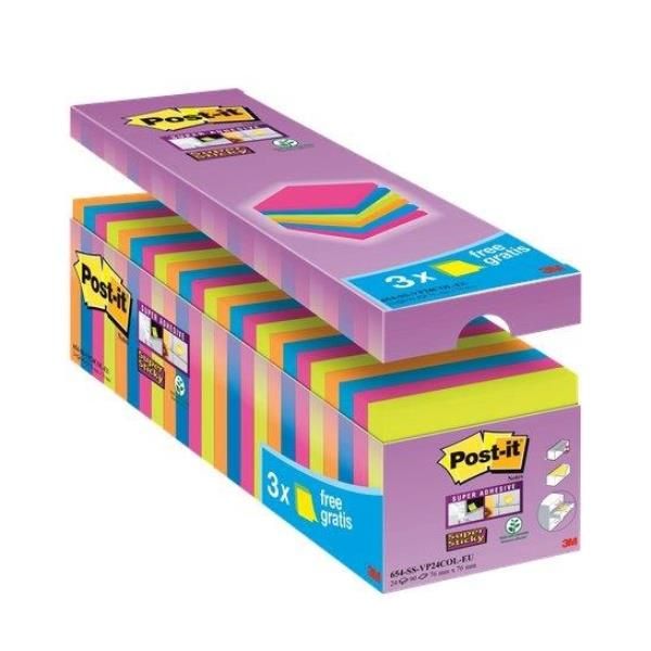 Post-it Pack of 24 Notes Super Sticky 76x76mm 90 Sheet Assorted Colours