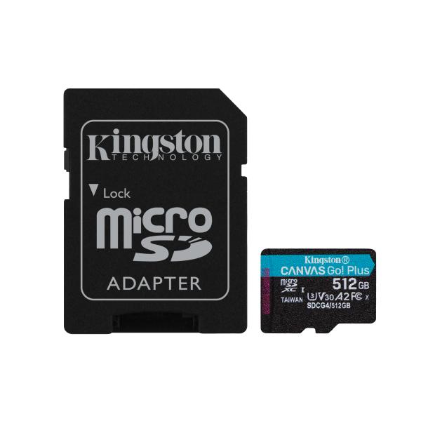 Kingston Technology Scheda microSDXC Canvas Go Plus Gen4 200MB/s A2 U3 V30 da 512 GB + adattatore (512GB MSDXC CANVAS GO PLUS 200R - GEN4 A2 U3 V30 CARD + ADAPTER)