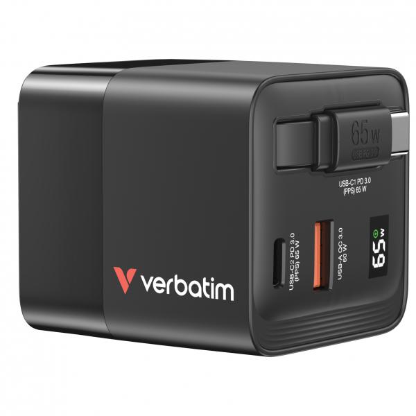 Verbatim GaN Charger 65W Universale Nero AC Ricarica rapida Interno (Verbatim [32217] GaN Wall Charger 65W 2 Port with Retractable Cable)