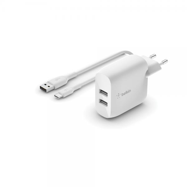 Belkin WCE001VF1MWH Caricabatterie per dispositivi mobili Universale Bianco AC Interno (DUAL USB-A CHARGER - W/USB-C CABLE 1M 24W WHITE)