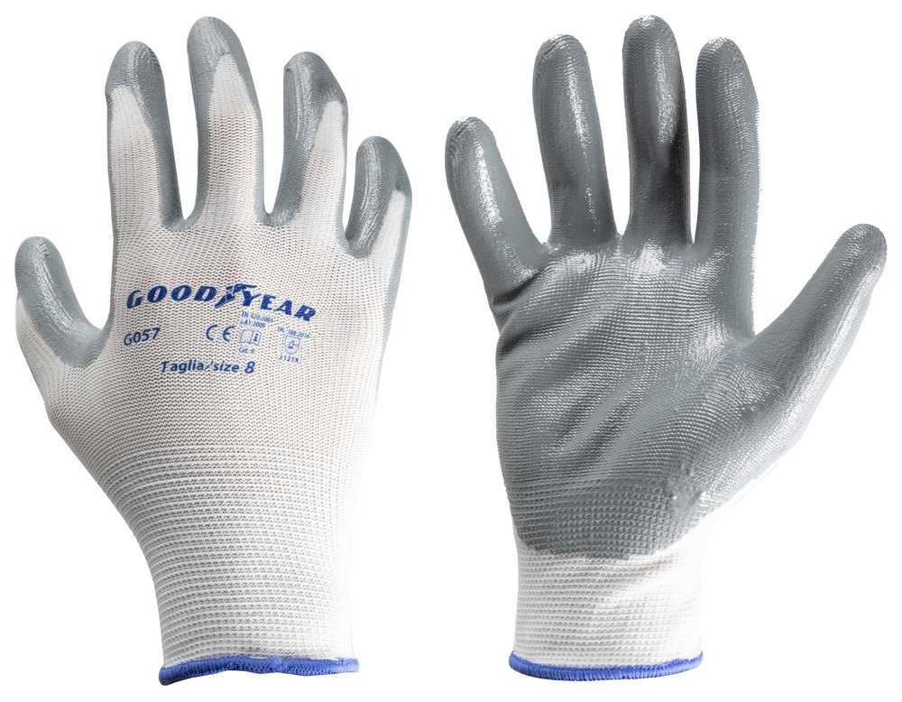 Goodyear guanti in nylon e nitrile taglia 8 colore bianco/grigio, guanti da lavoro