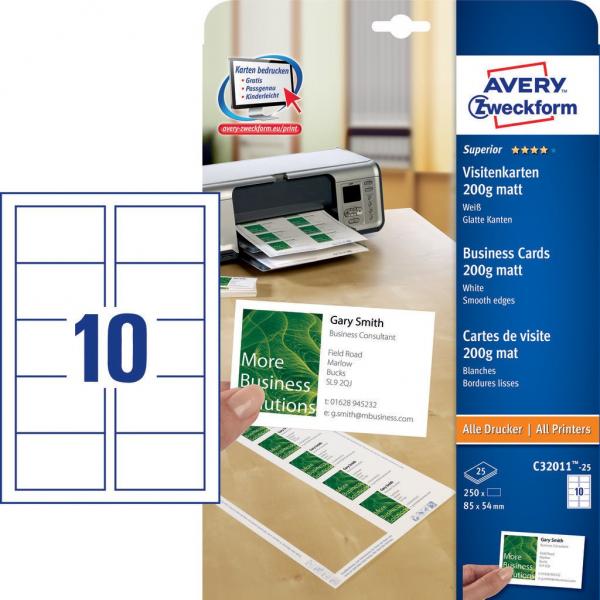 Avery C32011-25 etichetta non adesiva 250 pz Bianco Rettangolo (Avery Quick&Clean - visitkort - 25 stk)