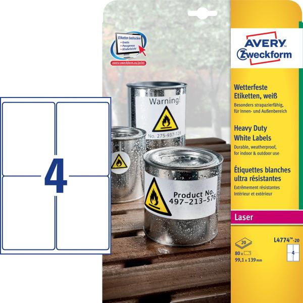 Avery Etichette in poliestere bianco - per stampanti Laser - 99,1 x 139 mm (Avery Heavy Duty Laser Labels - etiket)
