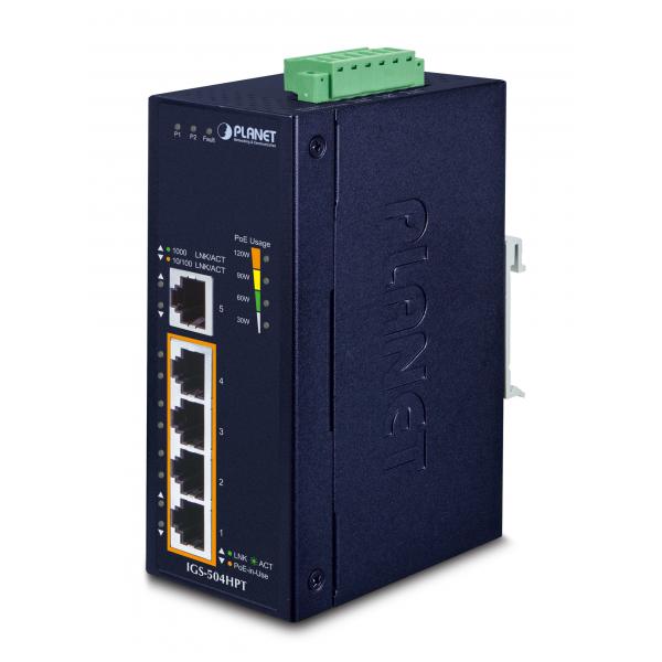 PLANET IGS-504HPT switch di rete Non gestito L2 Gigabit Ethernet [10/100/1000] Supporto Power over Ethernet [PoE] Blu (IP30 5-Port Gigabit Switch - with 4-Port 802.3AT POE+ - [-40 to 75 C] - Warranty
