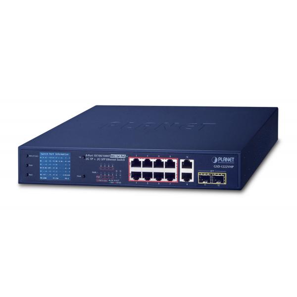 PLANET GSD-1222VHP switch di rete Non gestito Gigabit Ethernet [10/100/1000] Supporto Power over Ethernet [PoE] 1U Blu (8-Port 10/100/1000T 802.3at - PoE + 2-Port 10/100/1000T - 2-Port 1000SX SFP Gig