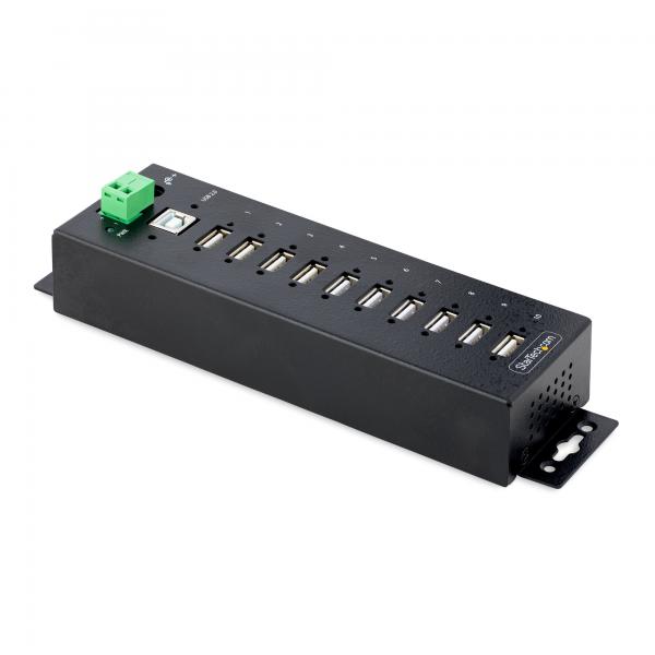 StarTech.com Hub USB 2.0 a 10 porte, hub di ricarica robusto con protezione ESD livello 4, Moltiplicatore di porte USB-A industriale montabile su DIN/parete/scrivania, splitter/sdoppiatore USB con po