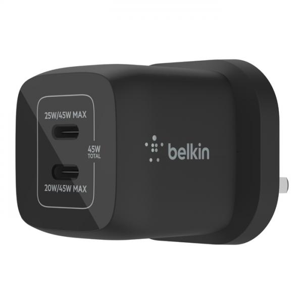 Belkin WCH011MYBK Caricabatterie per dispositivi mobili Universale Nero AC Ricarica rapida Interno (45W PD PPS DUAL USB-C CHARGER BLK)
