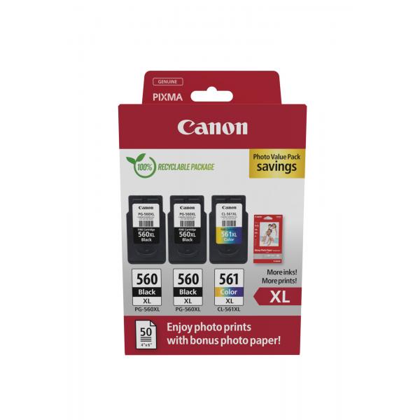Canon 3712C012 cartuccia d'inchiostro 3 pz Originale Resa elevata [XL] Nero, Ciano, Magenta, Giallo (Canon PG-560XL x2/CL-561XL Photo Value)