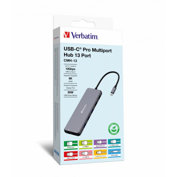 Verbatim CMH-13 USB tipo-C 10000 Mbit/s Argento (Verbatim [32153] USB-C Pro Multiport Hub 13 Port CMH-13)
