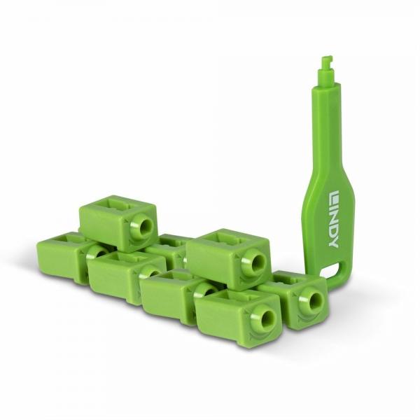 Lindy 47912 clip sicura Bloccaporte + chiave SFP Verde Acrilonitrile butadiene stirene [ABS] 10 pz (SFP Port Locks Green, x 10 + - 1 Key)