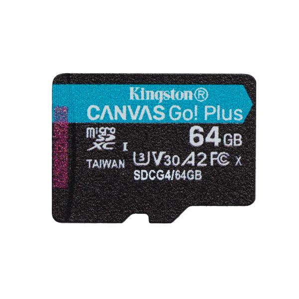 Kingston Technology 64 GB microSDXC Canvas Go Plus Gen4 200R A2 U3 Confezione singola senza ADP (64GB MSDXC CANVAS GO PLUS 200R - GEN4 A2 U3 SINGLE PACK W/O ADP)