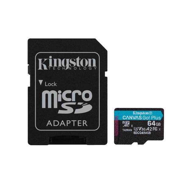 Kingston Technology Scheda microSDXC Canvas Go Plus Gen4 200MB/s A2 U3 V30 da 64 GB + adattatore (64GB MSDXC CANVAS GO PLUS 200R - GEN4 A2 U3 V30 CARD + ADAPTER)