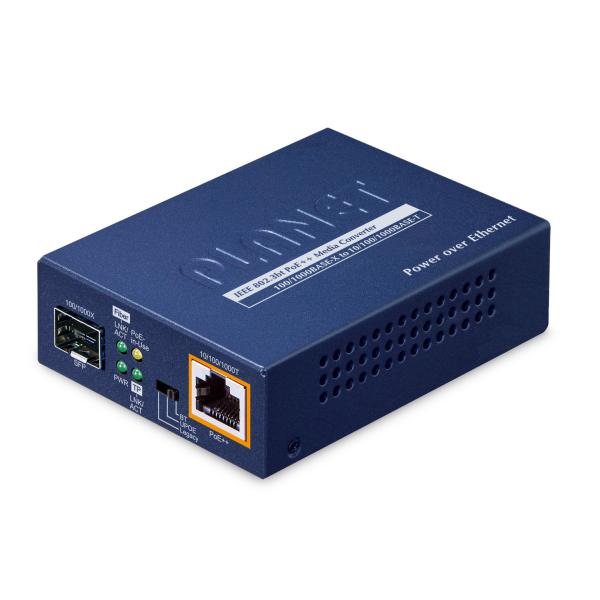 PLANET 1-Port 100/1000X SFP to convertitore multimediale di rete 1000 Mbit/s Blu (1-Port 100/1000X SFP to - 1-Port 10/100/1000T 802.3bt - PoE++ Media Converter -w/external power adapter included - Wa